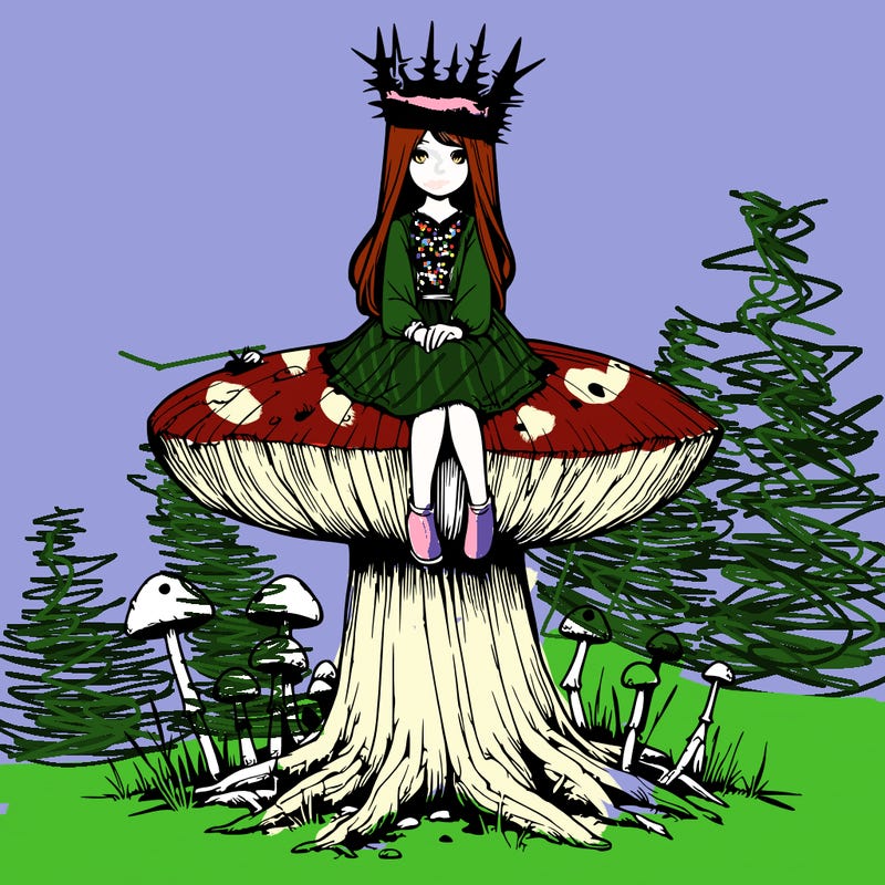 realistic girl sitting on a huge tree stump size toadstool with thorn crown