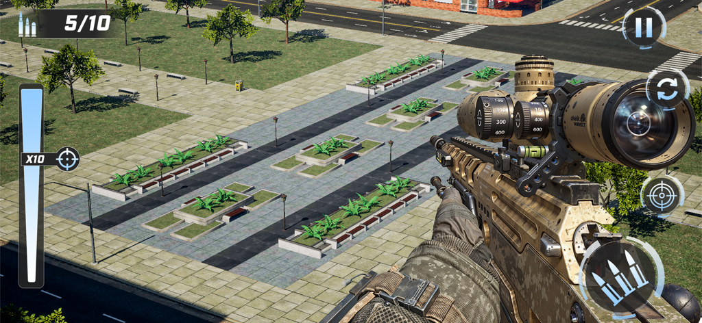 Sniper Shooter Soldier Strike - First person view of a camouflage sniper rifle aiming in an urban city park plaza