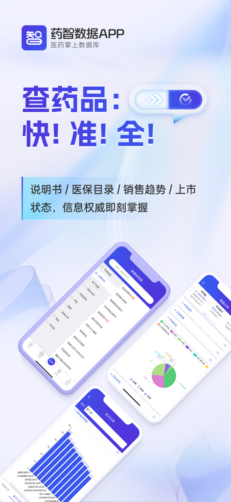药智数据-医药人的掌上数据库 - Interface móvel da aplicação Yaozh Data mostrando pesquisa na base de dados de medicamentos e gráficos de análise de mercado