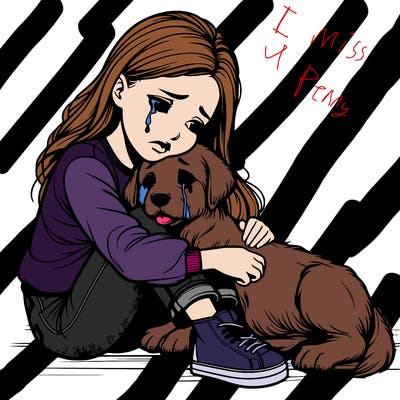 realistic girl crying with a realistic dog laying on her lap