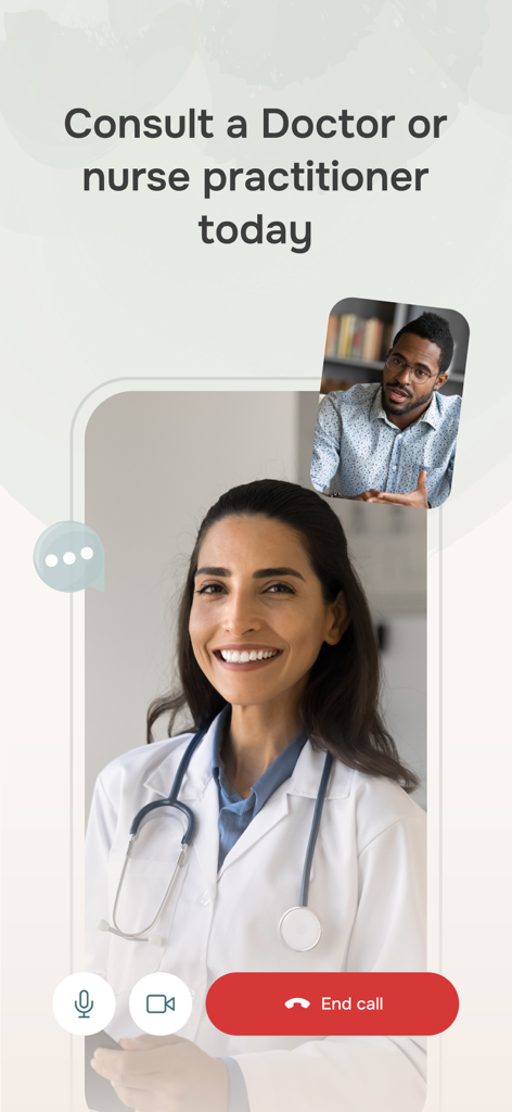 Doctr: Virtual Care - A video call interface on the Doctr app showing a medical consultation with a female doctor