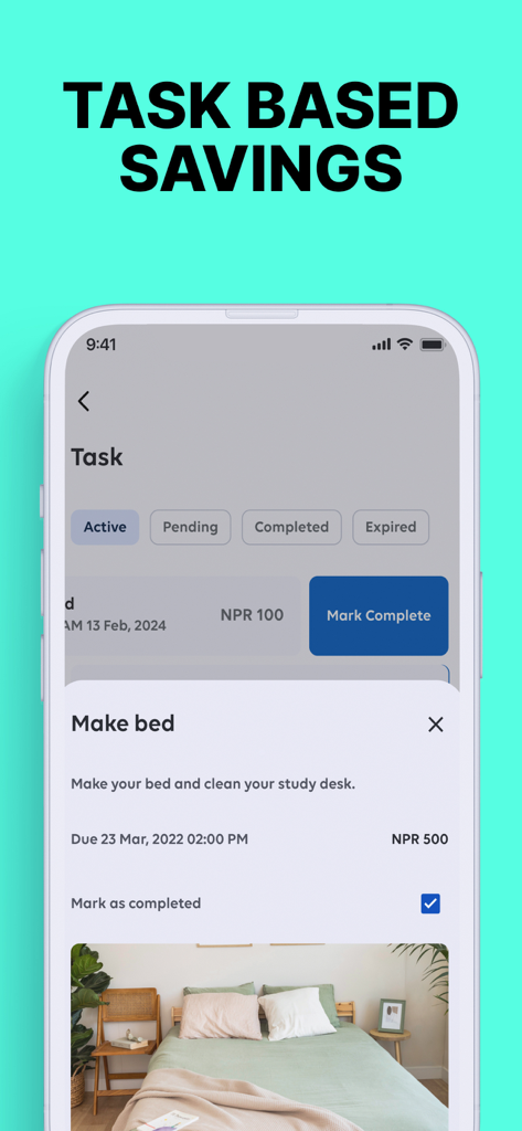 Global Junior - Global Junior 앱 스크린샷, 보상으로 침대 정리하기 과제가 있는 작업 기반 저축 표시