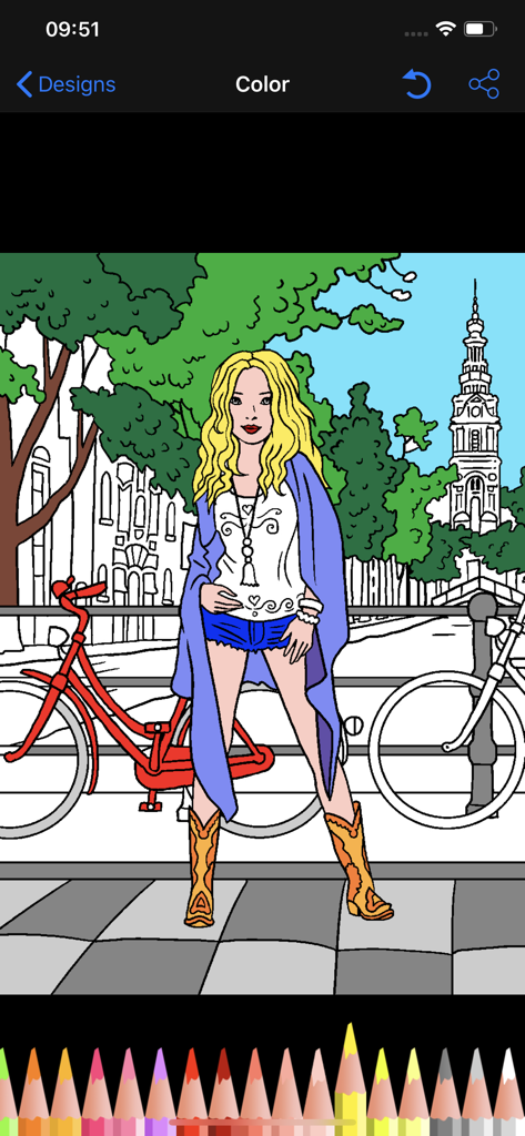 Dress and Color Me - Dress and Color Meアプリのお絵かきインターフェース。都市を背景に自転車の隣にファッションモデルが描かれています。