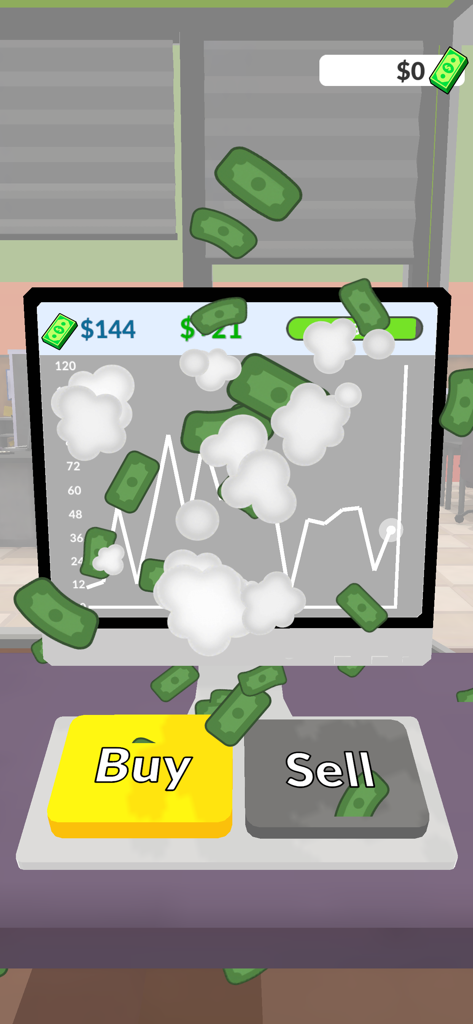 Get Rich! 3Dの株取引インターフェース。折れ線グラフ、売買ボタン、画面上を舞うお金が表示されています。