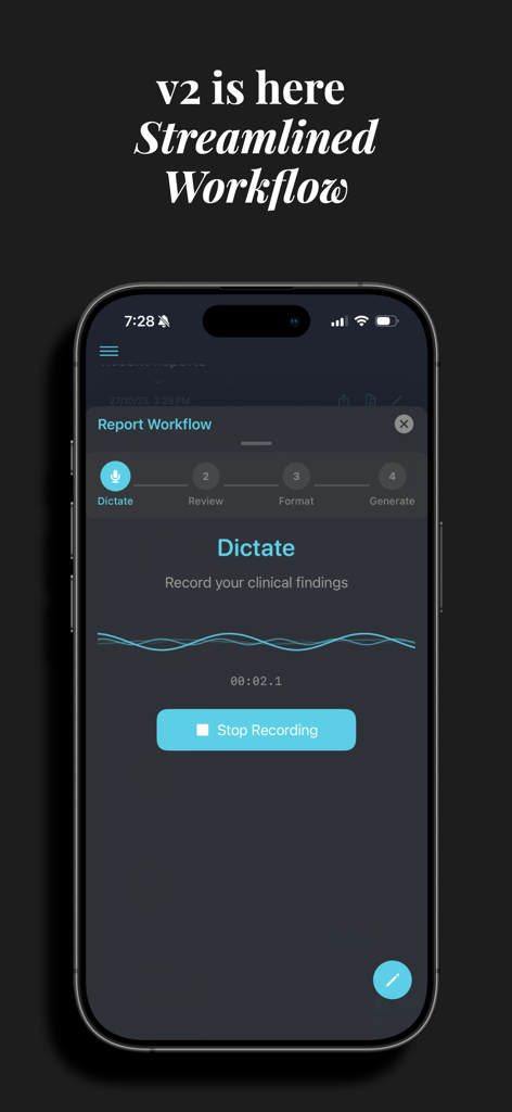 TextRad app showing the voice dictation step for radiology reporting