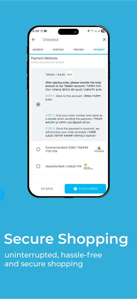 Brundo Shopping - Ethiopia - Secure checkout screen in the Brundo Shopping app showing Ethiopian payment methods like Telebirr and CBE