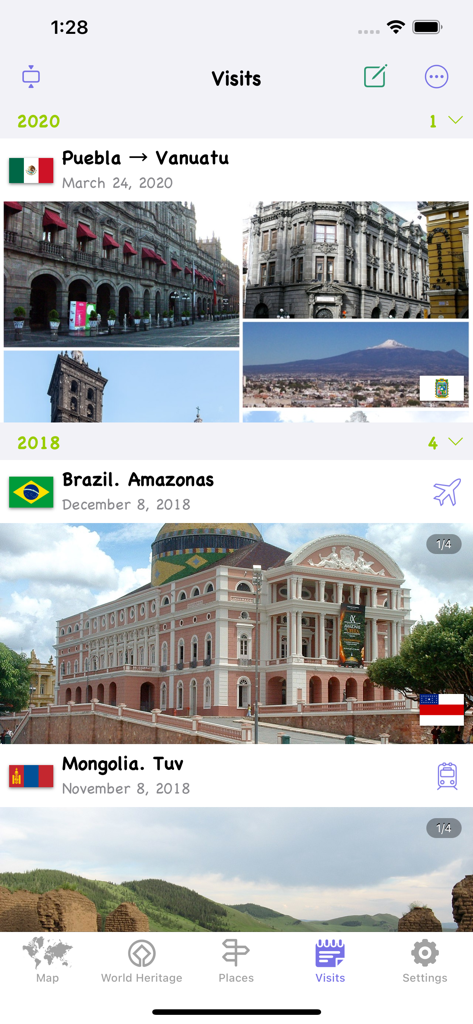 A digital travel journal displaying photos and country flags of visited locations organized by year.