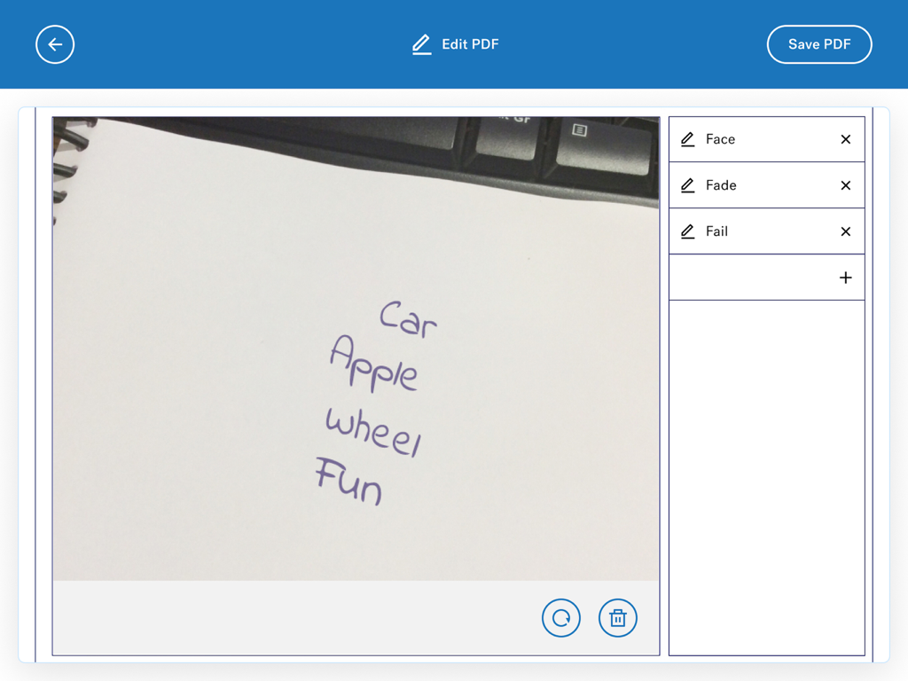 Interfaccia dell'app MoCA Duo che mostra una foto di parole scritte a mano trascritte e modificate per una valutazione cognitiva