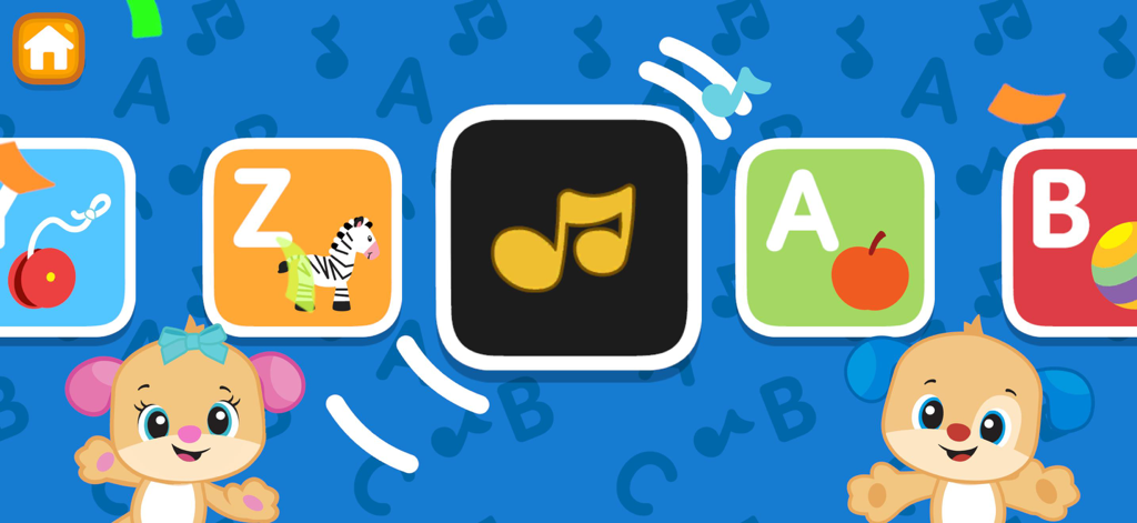 Menu screen of Fisher-Price Play and Learn app with letters and music icons for toddlers