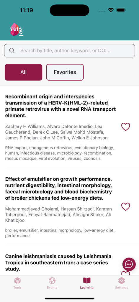 Vetool - Vetool app learning screen showing a list of veterinary research articles and a search bar