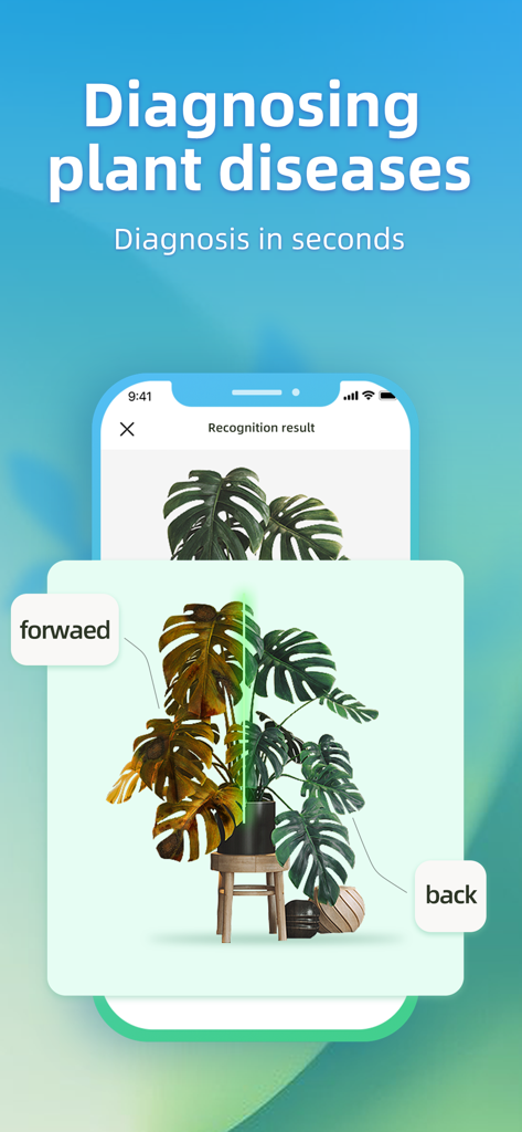 FP Scanner App-Oberfläche, die eine Funktion zur Diagnose von Pflanzenkrankheiten mit einem geteilten Bildschirm-Foto-Vergleich einer Zimmerpflanze zeigt