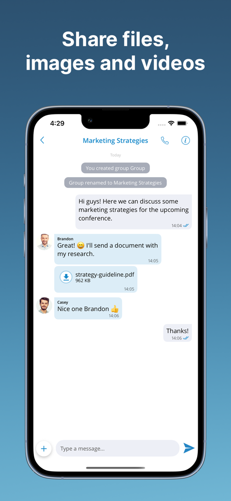 Communicator GO 7 mobile App-Oberfläche, die einen professionellen Gruppenchat mit geteilten Dateien und Teamnachrichten zeigt