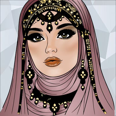 realistic woman with a veil covering her hair and mouth, muslim. the veil contains details with jewels. she has beautiful jewelry.
