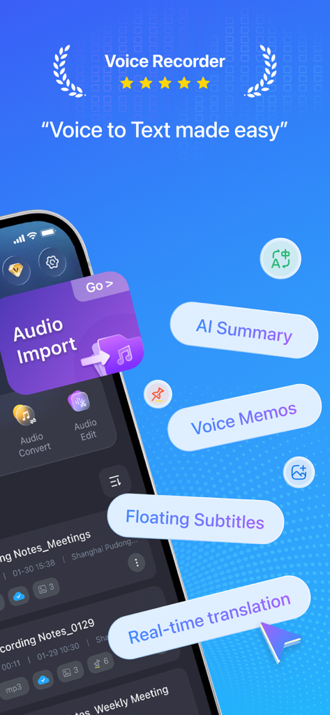 Voice Recorder app interface displaying AI summary and translation features