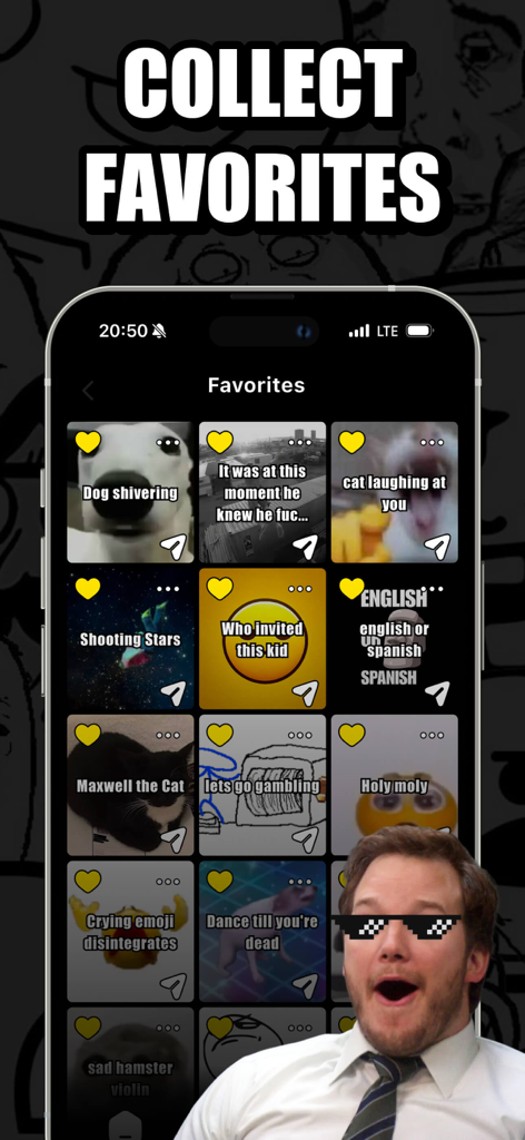 A screenshot of the favorites screen in the Deez Meme Soundboard app showing a grid of popular meme buttons.