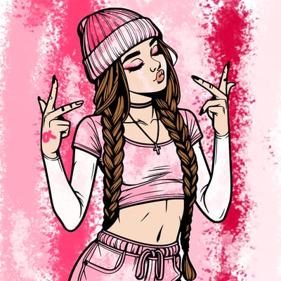 realistic teenage girl with braids and a beanie and crop top doing 🫶🏼