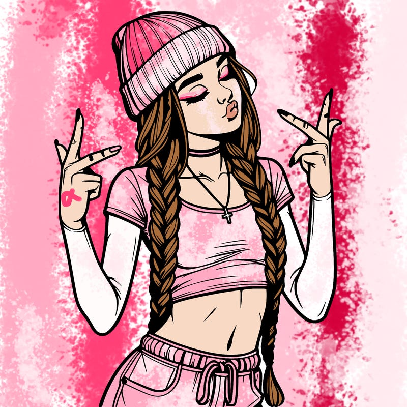 realistic teenage girl with braids and a beanie and crop top doing 🫶🏼