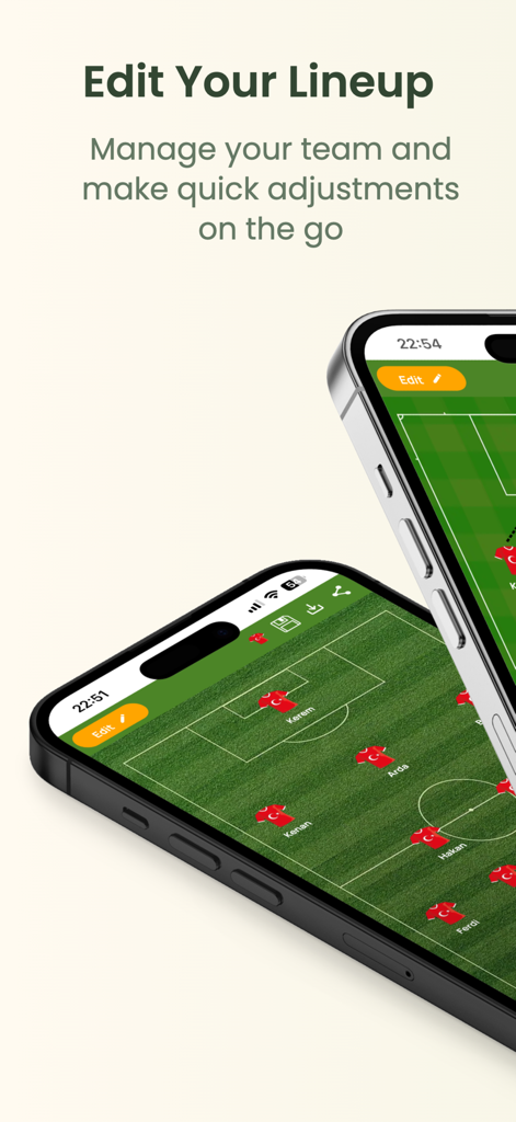Lineup Builder Pro - Interfaz del editor de alineaciones de fútbol en la pantalla de un smartphone mostrando posiciones tácticas