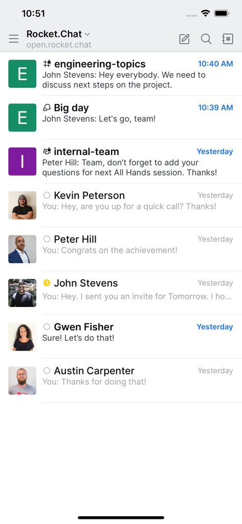 Rocket.Chat mobile app interface displaying active channels and direct messages