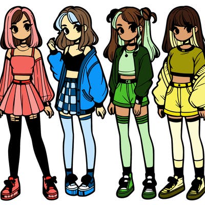 one girl with crop-top shirt and a jacket with a skirt, long socks and another girl with a shirt and pants with a jacket