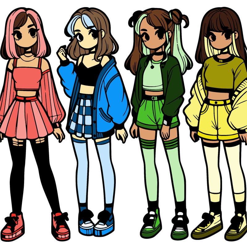 one girl with crop-top shirt and a jacket with a skirt, long socks and another girl with a shirt and pants with a jacket