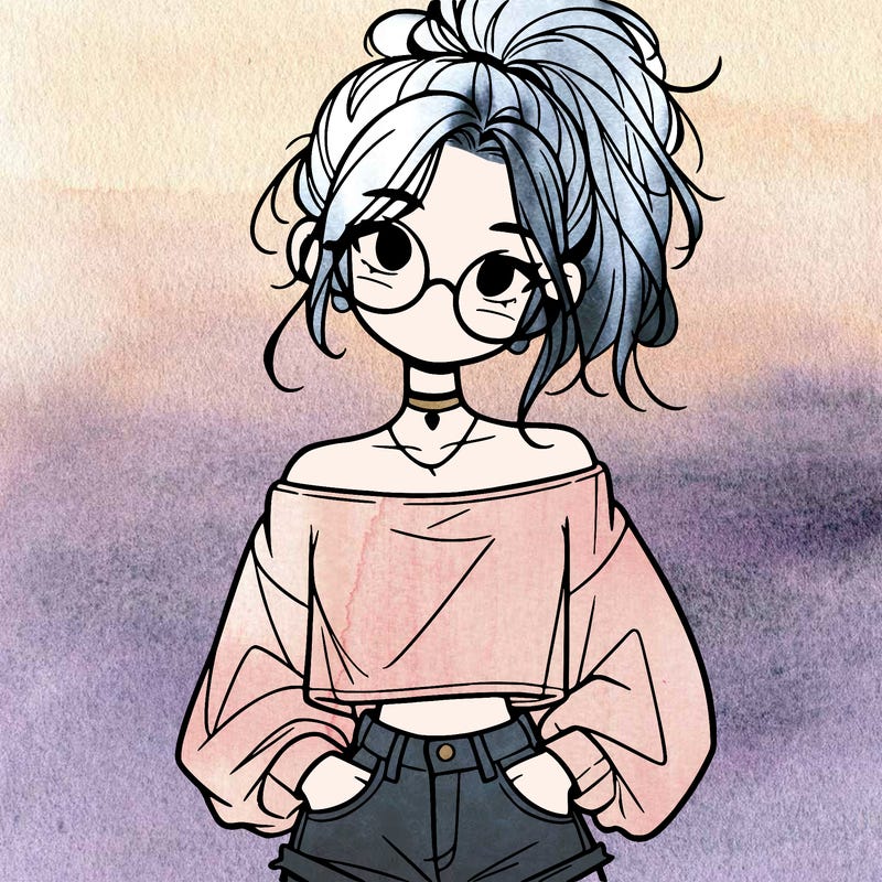 girl with a messy ponytail glasses a baggy crop top and jean shorts