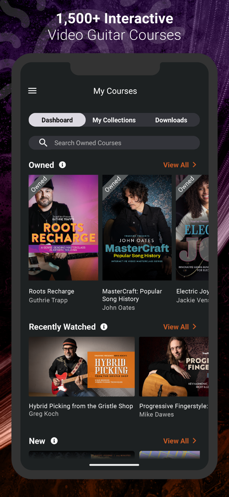 Interfaz de la aplicación TrueFire Guitar Lessons que muestra el panel Mis Cursos con varios cursos de guitarra en vídeo e instructores.