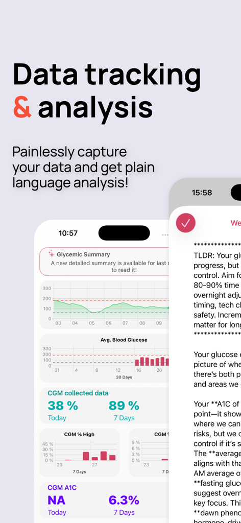 Pantallas de la aplicación Diabeto Log mostrando resúmenes glucémicos de glucosa en sangre y gráficos de análisis de datos