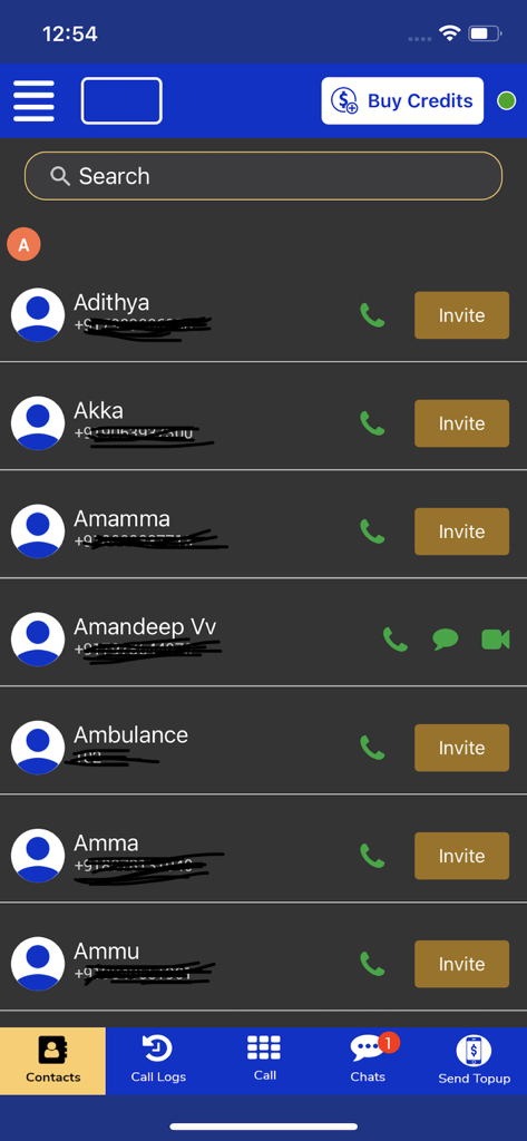 EasyCalls: Calling App - EasyCalls mobile app interface displaying a list of contacts with calling and invitation options