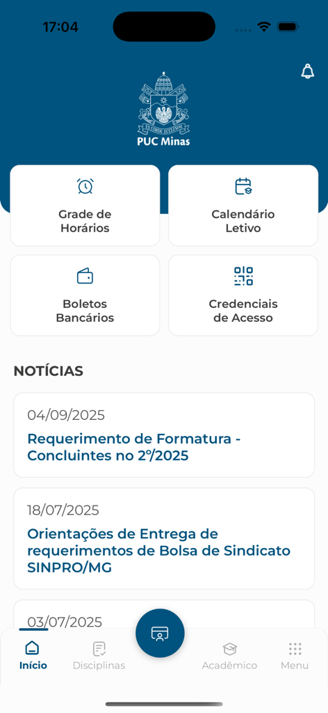 La pantalla de inicio de la aplicación PUC Minas Móvil con enlaces a horarios de estudiantes, calendarios académicos y noticias de la universidad.