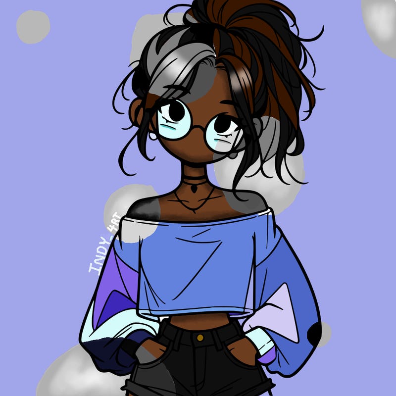 girl with a messy ponytail glasses a baggy crop top and jean shorts