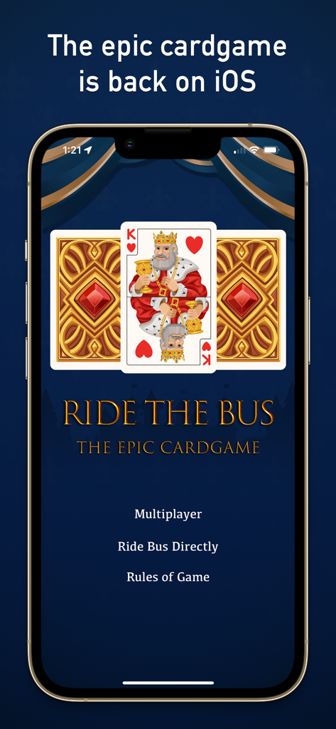 Ride The Bus - epic partygame - The home screen of the Ride The Bus card game app on an iPhone.