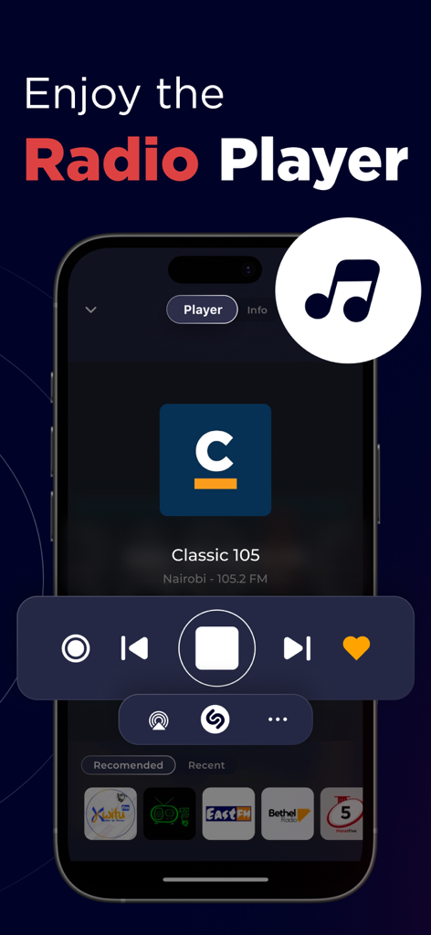 Radio Kenya FM AM Online Live - Interface do aplicativo Rádio Quênia exibindo o player para Classic 105 Nairóbi