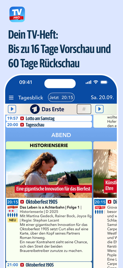 TV Pro TV-Programm + Mediathek - Mobile interface of TV Pro showing a German TV guide with program details and a 16 day preview feature