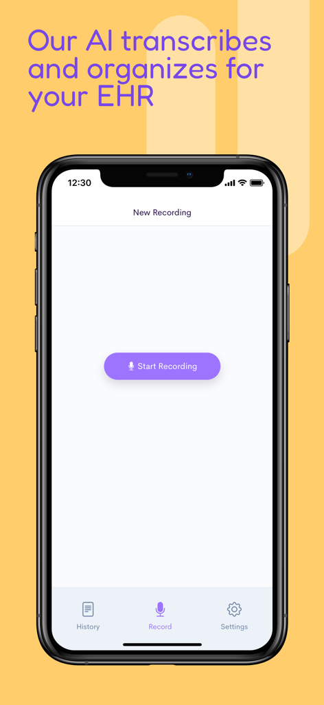 Assistant Dr. - Medical Scribe - Assistant Dr mobile app screen showing the start recording button for AI medical transcription and EHR organization