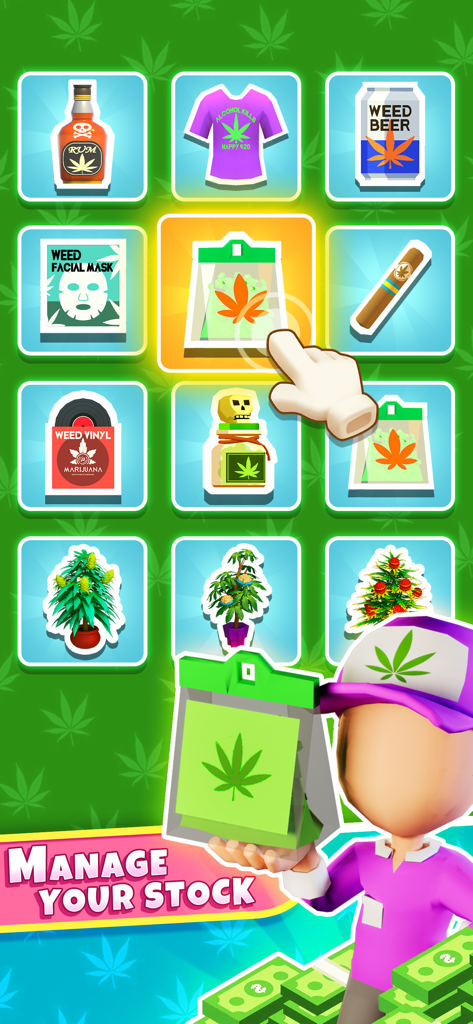 Weed Inc 420: Blaze & Trade - Gameplay-Screenshot von Weed Inc 420, der die Lagerverwaltung mit verschiedenen Cannabis-bezogenen Artikeln zeigt