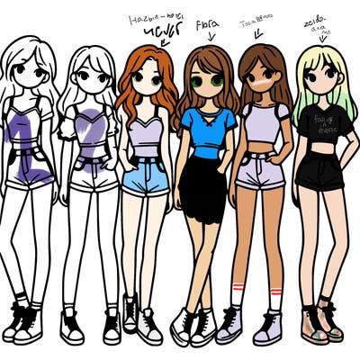 a group of girls wearing crop tops and shorts