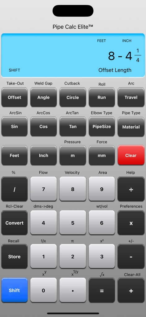 Pipe Calc Elite - Interfaz de la aplicación calculadora Pipe Calc Elite con visualización de fracciones de pies y pulgadas