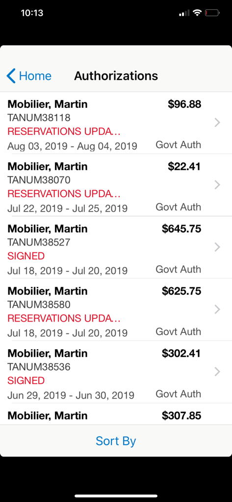 List of travel authorizations in the ConcurGov mobile app showing names dates and amounts