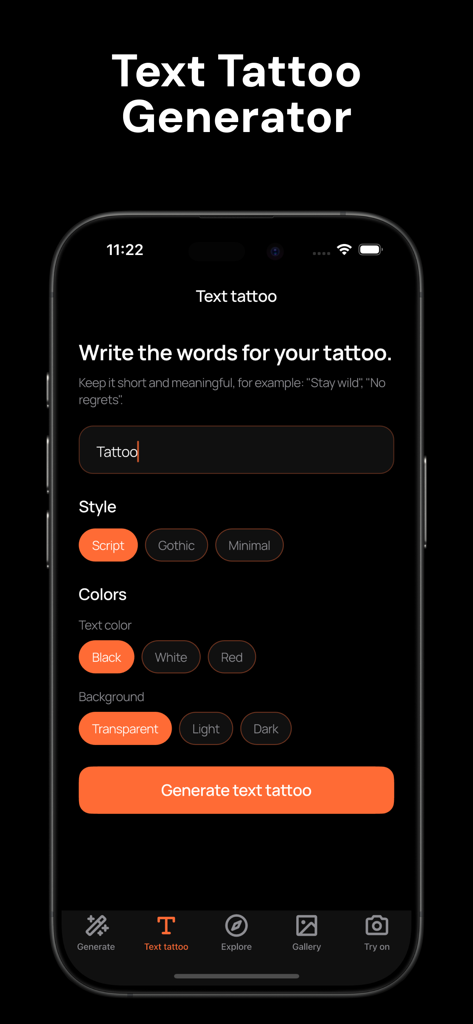Tattoo AI Inc - カスタムテキストタトゥーを作成するためのモバイルアプリ画面。スクリプトやゴシックなどのフォントスタイルオプションがあります。