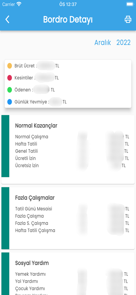 Pantalla de desglose detallado de nómina en la aplicación e-Nómina para Trabajadores que muestra las ganancias salariales y las deducciones para empleados del sector público turco.