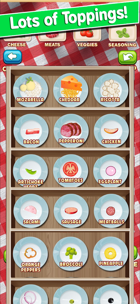 Pizza Games - ピザゲームアプリの、チーズ、肉、野菜などのさまざまなピザトッピングが表示されているメニュー。