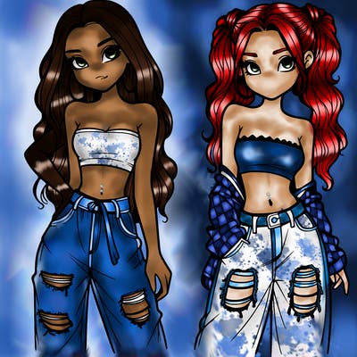 2 girls in crop tops and baggy jeans ripped