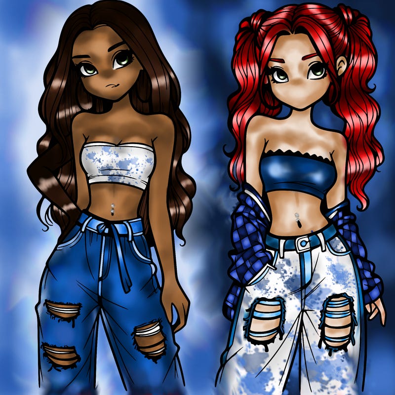 2 girls in crop tops and baggy jeans ripped