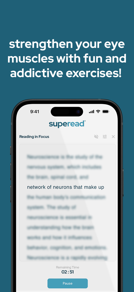 Superead : Super Speed Reading - Superead app interface showing a reading focus exercise to strengthen eye muscles