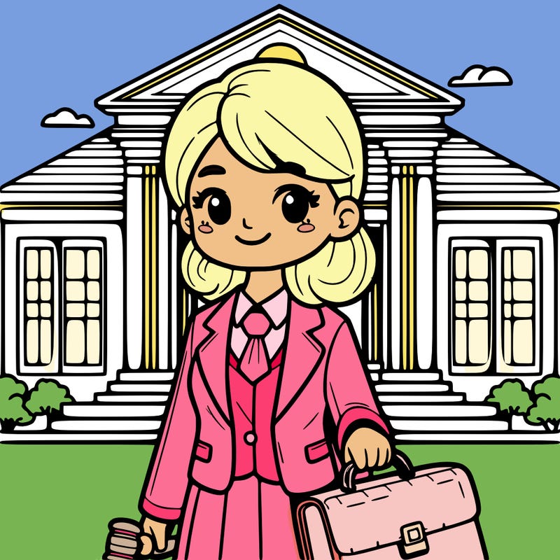 a lawyer stands in front of a courthouse. she has a briefcase in her hand and is smiling.