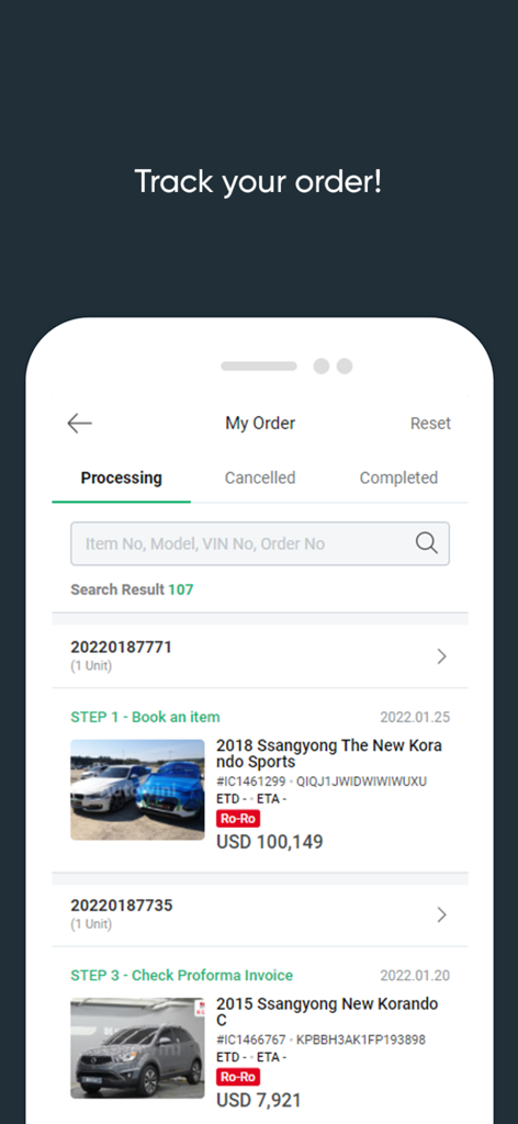 Autowini For Buyers - Interfaz de la aplicación Autowini Para Compradores que muestra una lista de pedidos de coches en procesamiento y pasos de seguimiento.