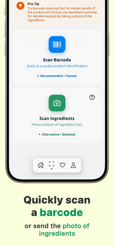 Halal Scanner AI Food Analyze - Mobile App-Oberfläche mit Schaltflächen zum Scannen von Barcodes und Lebensmittelzutaten zur Überprüfung des Halal-Status