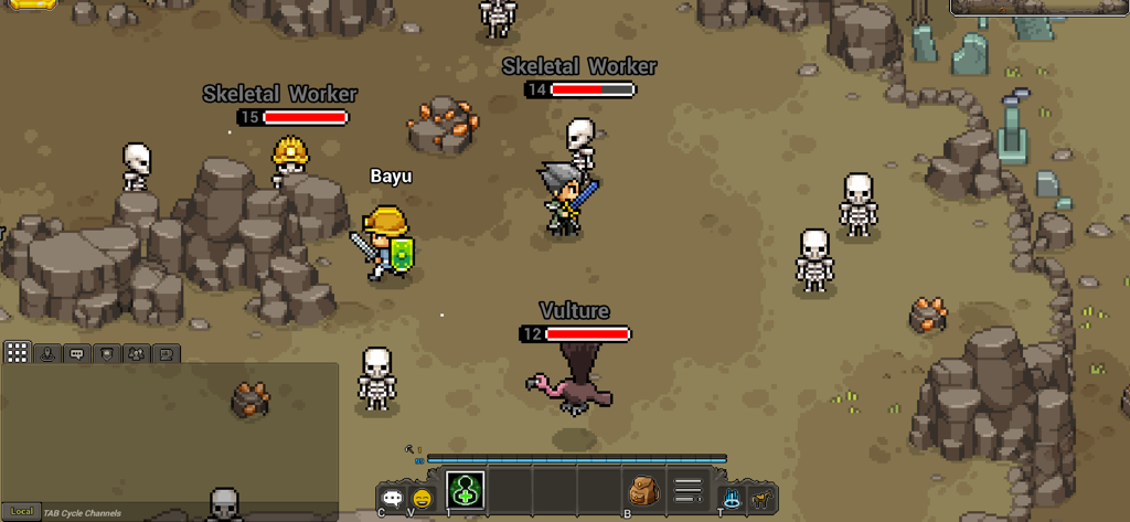 Personagens de Heartwood Online em uma batalha em pixel art contra trabalhadores esqueléticos e um abutre