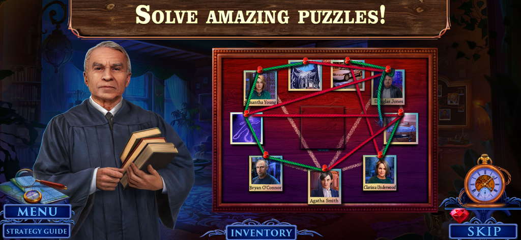 Un acertijo de tablero de investigación en Fatal Evidence 1 con fotos de sospechosos y un personaje de juez